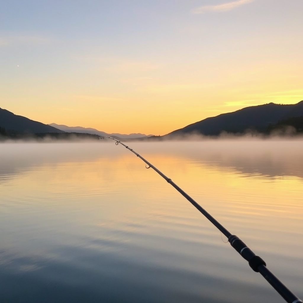 Serene lake at golden hour with fishing rod silhouetted against misty water and distant mountains