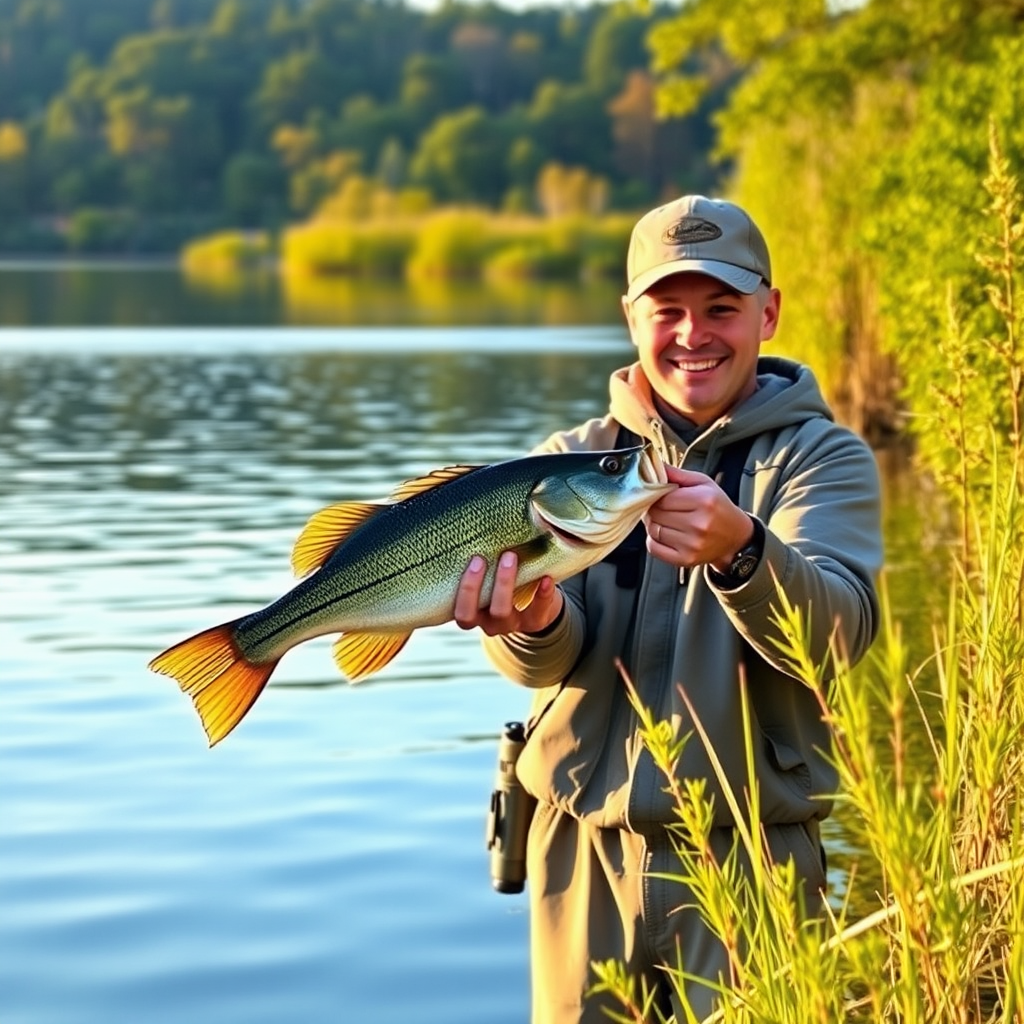 Peaceful lake scene with a beginner angler holding a freshwater bass, surrounded by calm blue waters and lush green vegetation, golden hour lighting creating a serene fishing atmosphere