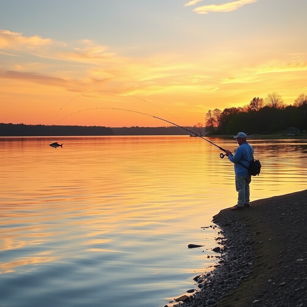 Peaceful lake scene at golden hour with a beginner angler casting a line from the shore, surrounded by calm waters reflecting the warm sunset sky, with bass jumping in the distance