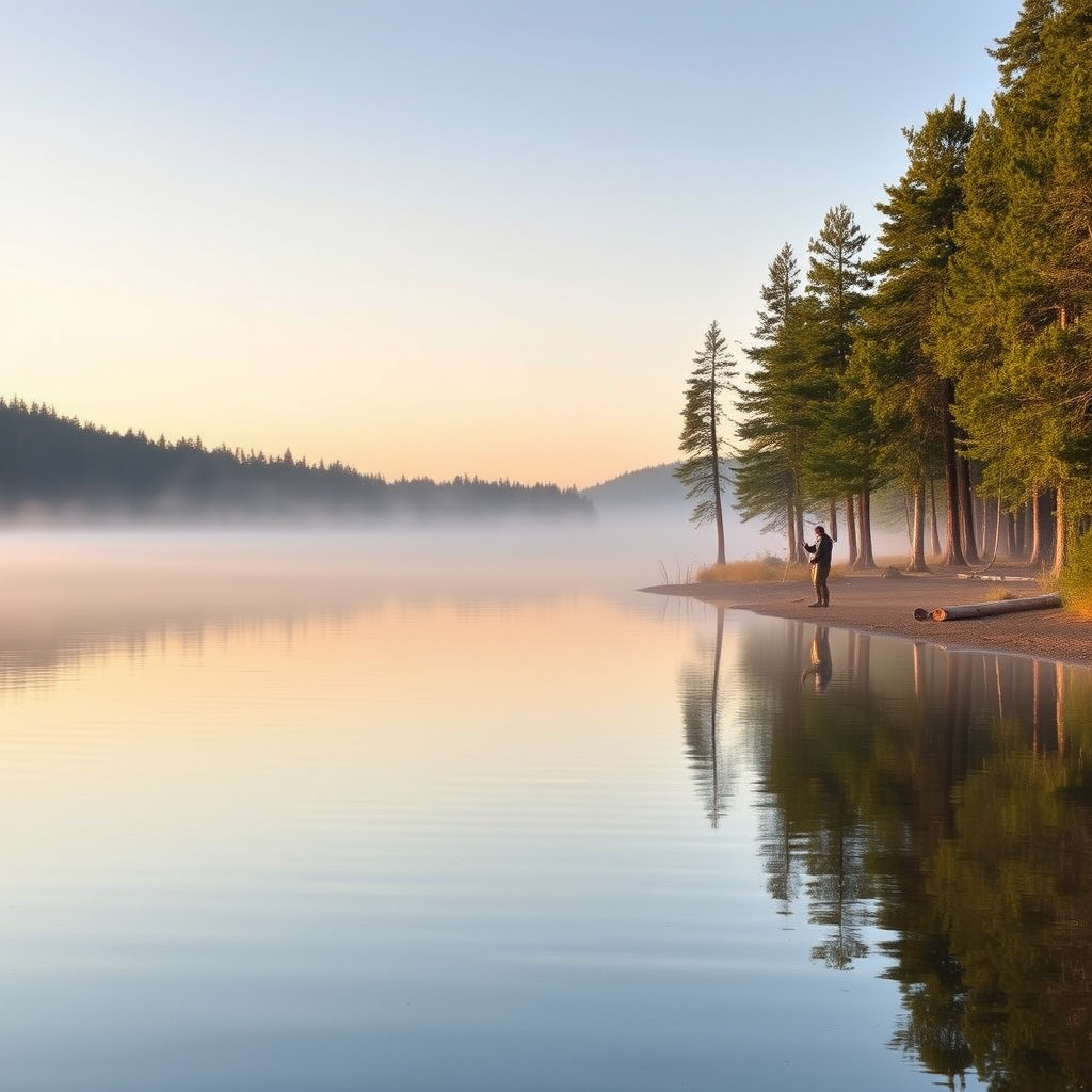 Peaceful lake at sunrise with a lone angler casting from the shore, surrounded by tall pine trees and gentle morning mist rising from the calm water surface
