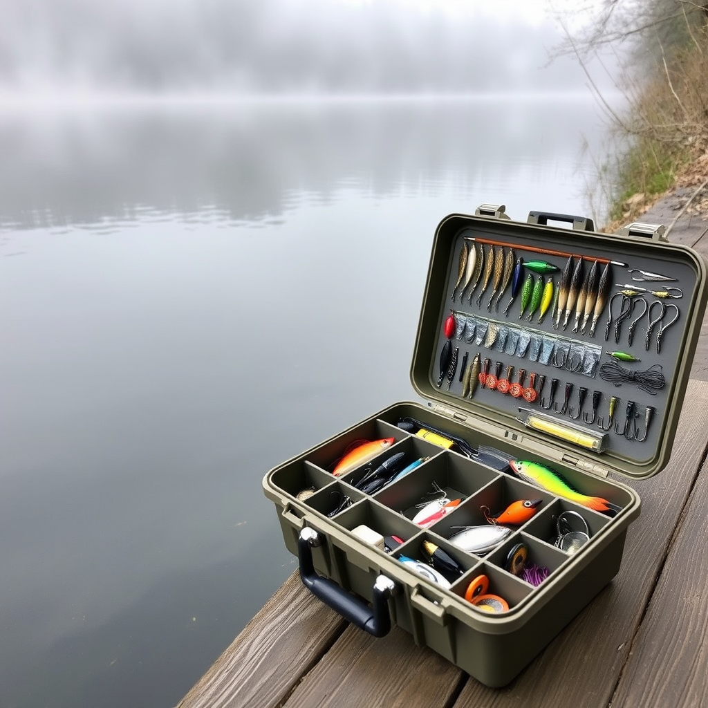 Well-organized fishing tackle box with various lures, hooks, and fishing accessories neatly arranged in compartments, sitting beside a serene lake with morning mist rising from the water surface