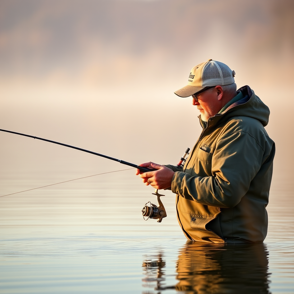 Professional angler reading water conditions on a misty morning lake, examining water clarity and temperature with fishing equipment, golden hour lighting reflecting off calm water surface