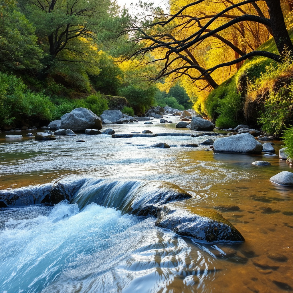 Serene mountain stream with crystal clear water flowing over smooth rocks, surrounded by lush green vegetation and overhanging trees creating perfect fly fishing conditions during golden hour lighting