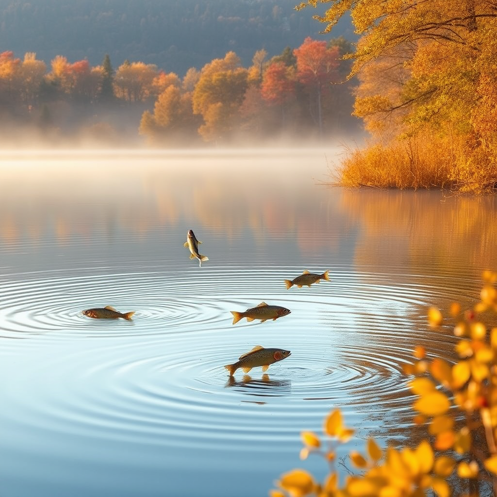 Serene lake at dawn with mist rising from the water surface, showing different fish jumping and creating ripples, surrounded by autumn foliage in golden hour lighting