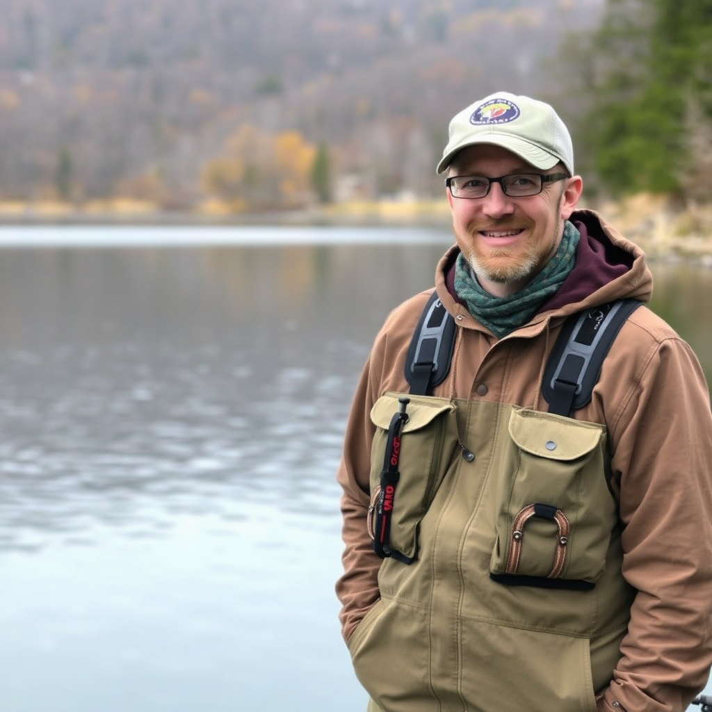 Professional headshot of lead fishing guide and blog author standing by a peaceful lake with fishing gear