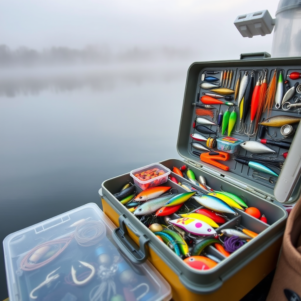 Well-organized tackle box filled with colorful lures, hooks, and fishing accessories arranged neatly, set against a backdrop of a pristine lake with morning mist, professional fishing gear photography