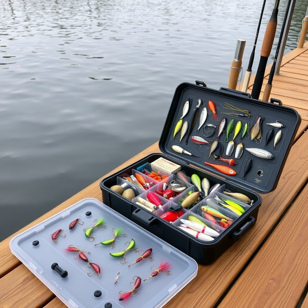 Well-organized tackle box filled with colorful lures, hooks, and fishing accessories laid out on a wooden dock beside a serene lake, with fishing rods leaning against the dock railing