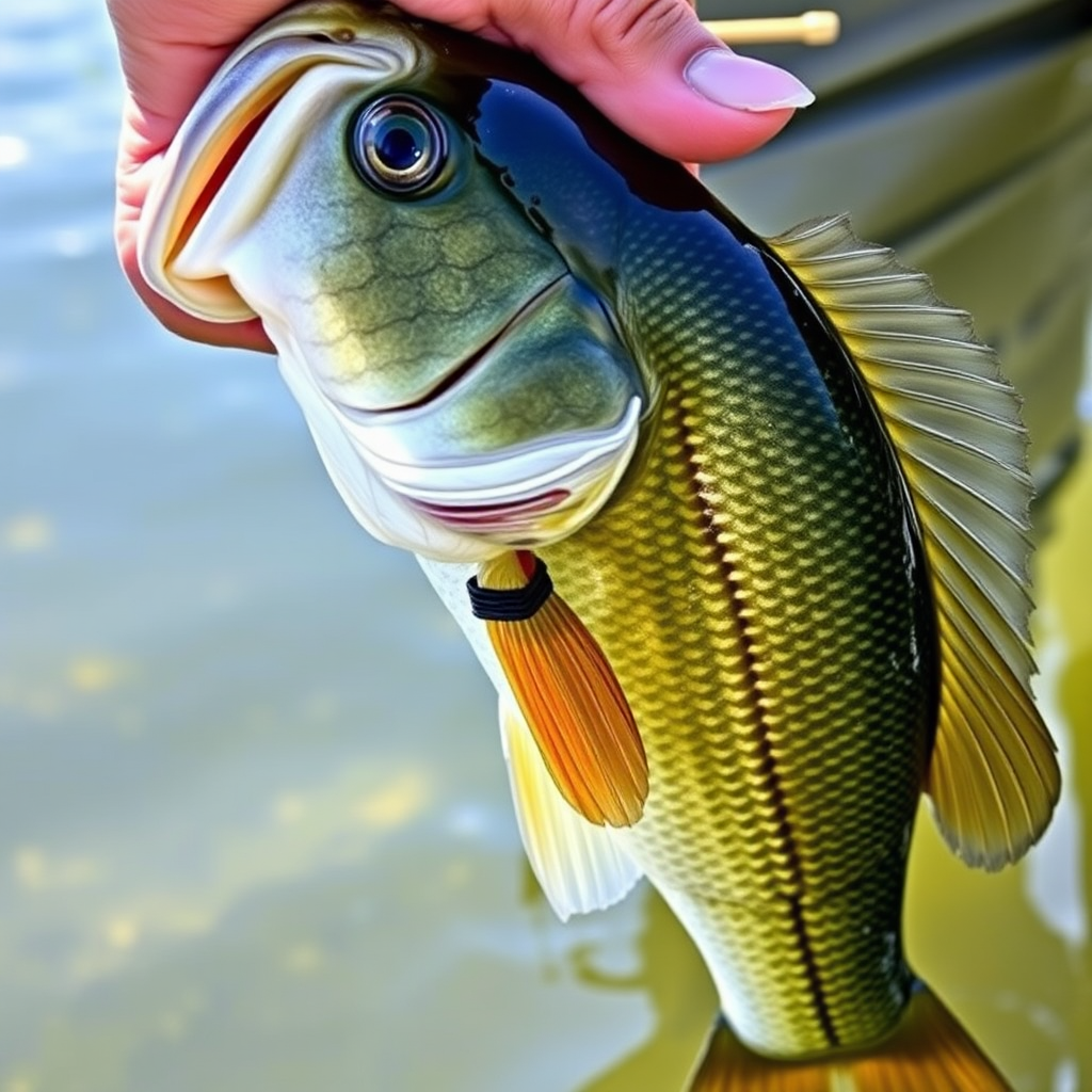 Close-up of a beautiful largemouth bass being held by an angler's hands over clear lake water, showing the fish's distinctive dark lateral stripe and large mouth