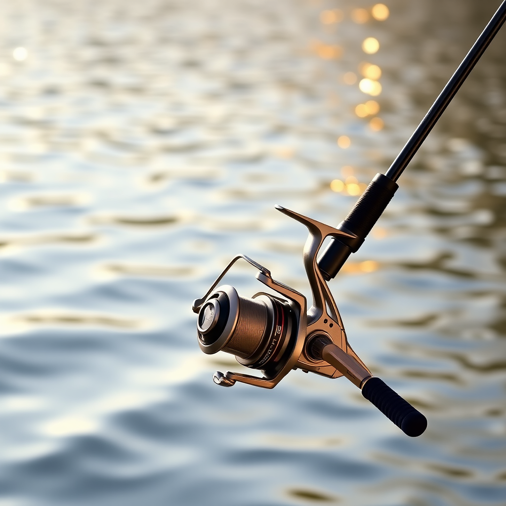 Medium-action spinning rod and reel combo positioned against a backdrop of calm lake water with gentle ripples reflecting golden hour sunlight