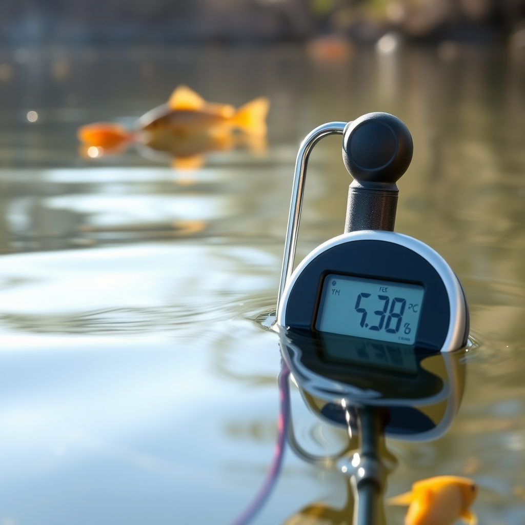 Digital water thermometer showing temperature reading in clear lake water with fish visible in background, early morning lighting