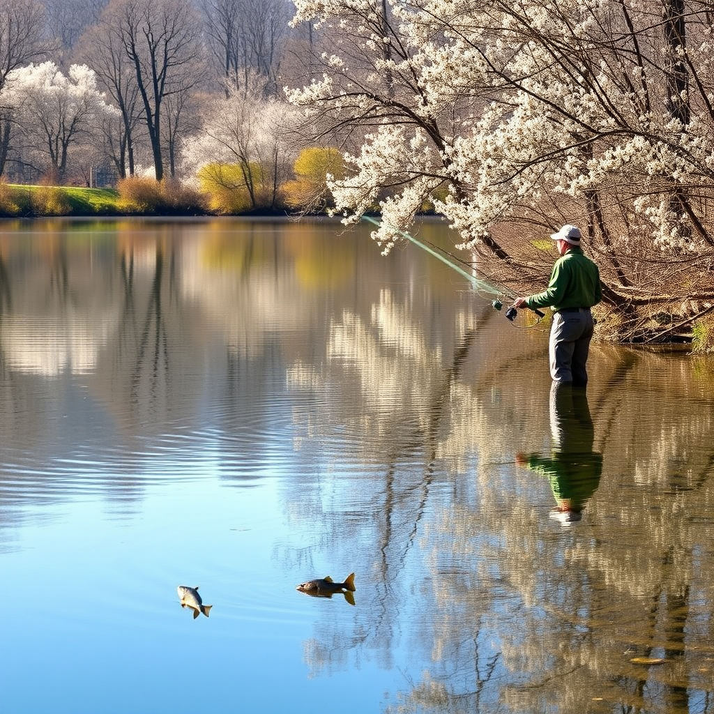 Spring fishing scene with blooming trees reflected in calm water, angler casting line near shallow spawning areas with visible fish activity