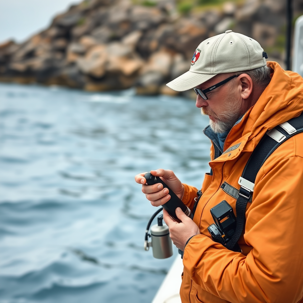 Marine biologist and fishing expert examining fish species by a coastal fishing spot with research equipment