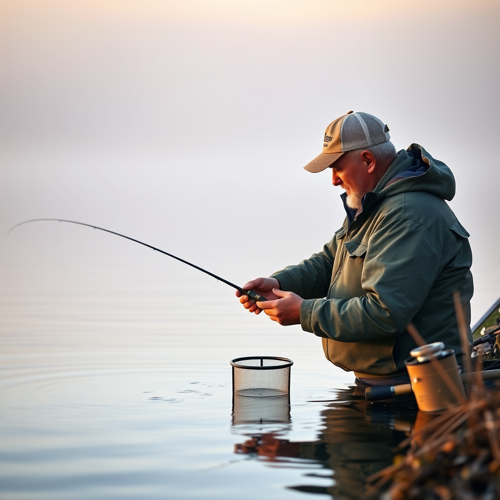 Professional angler studying water conditions on a misty lake at dawn, examining water clarity and temperature, with fishing equipment nearby, atmospheric lighting highlighting the serene water surface