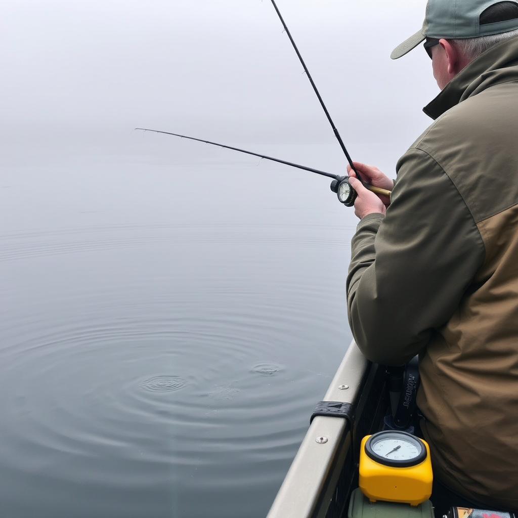 Professional angler studying water conditions on a misty morning lake, observing ripples and current patterns, with thermometer and water clarity testing equipment visible on the boat