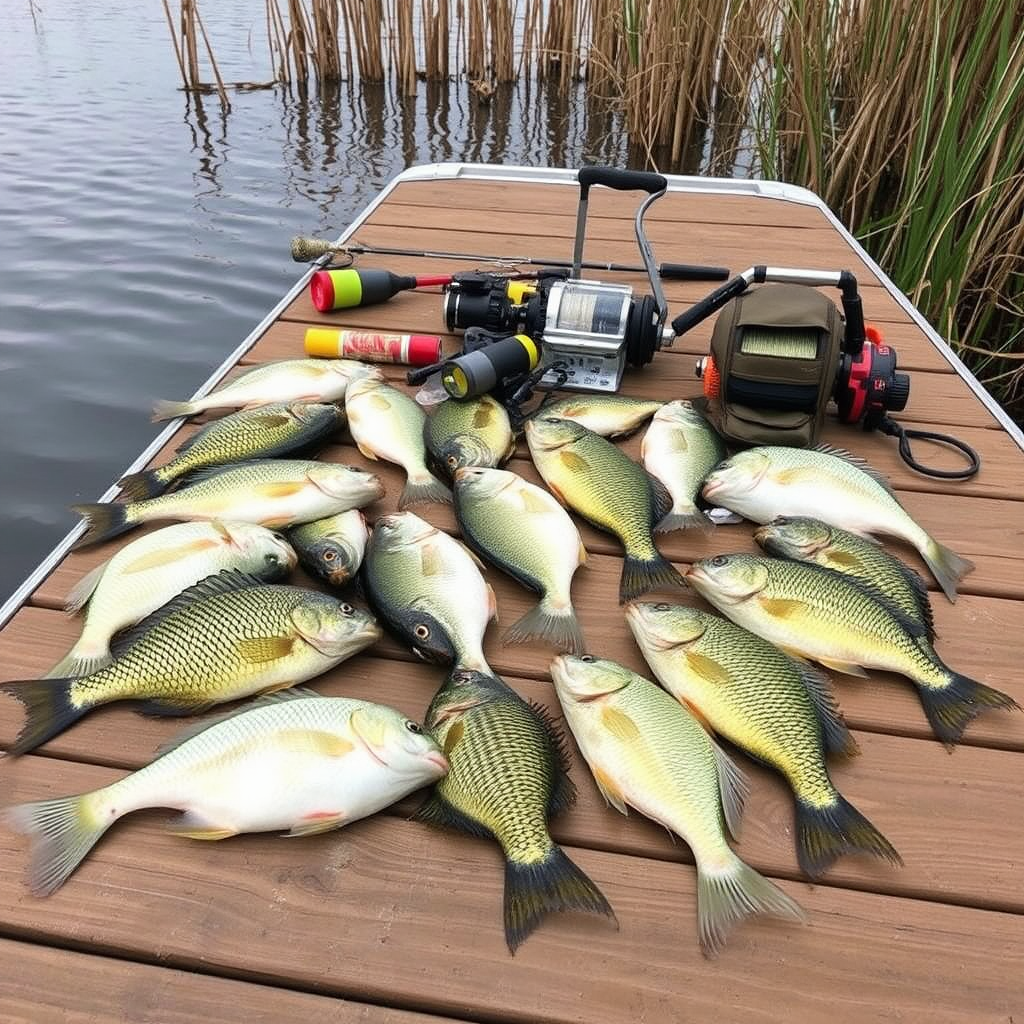 Variety of freshwater panfish including bluegill and crappie laid out on a wooden dock beside fishing tackle, with a peaceful lake and cattails in the background