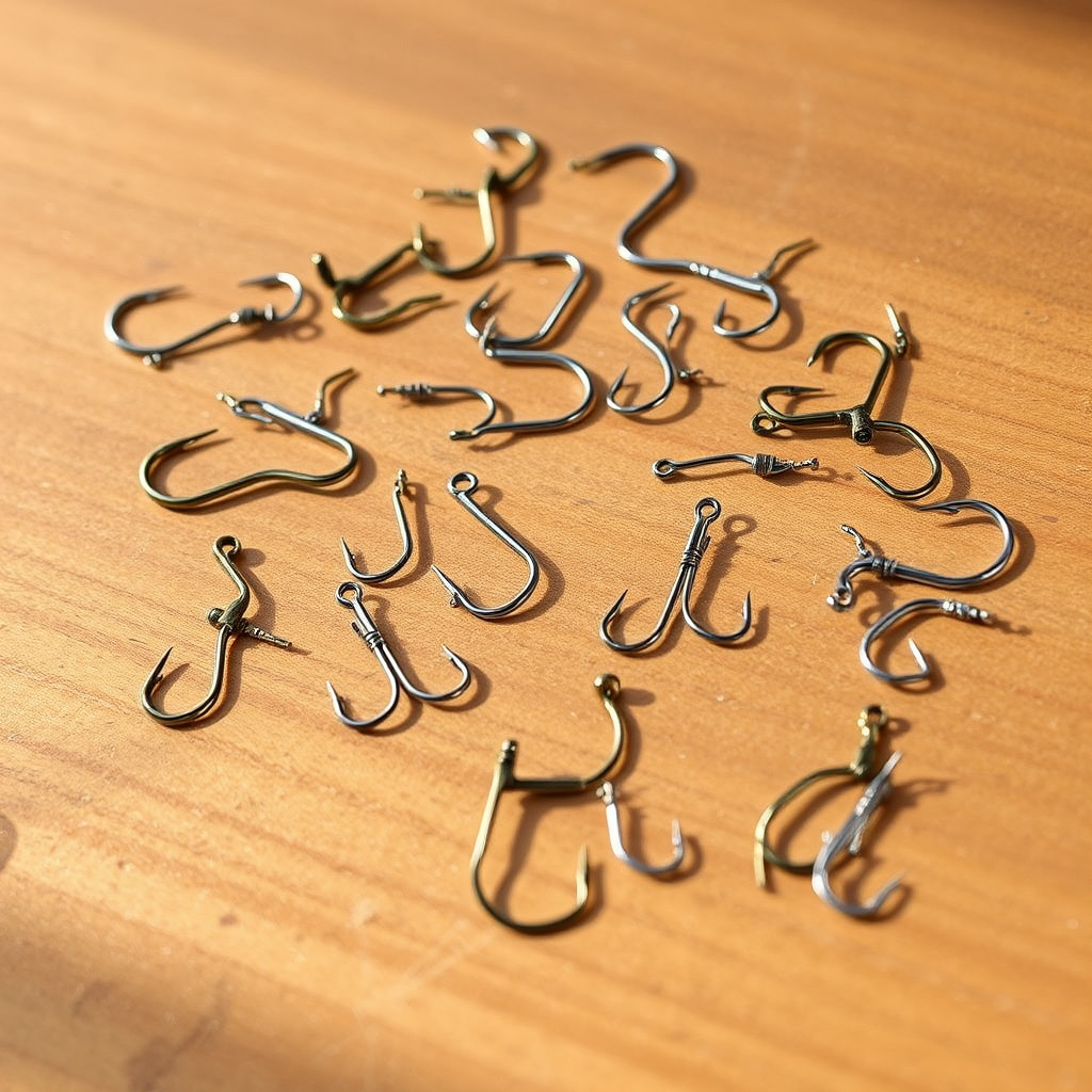 Assorted fishing hooks of different sizes and styles arranged on a wooden surface, including offset worm hooks, circle hooks, treble hooks, and jig heads, with soft morning light creating gentle shadows