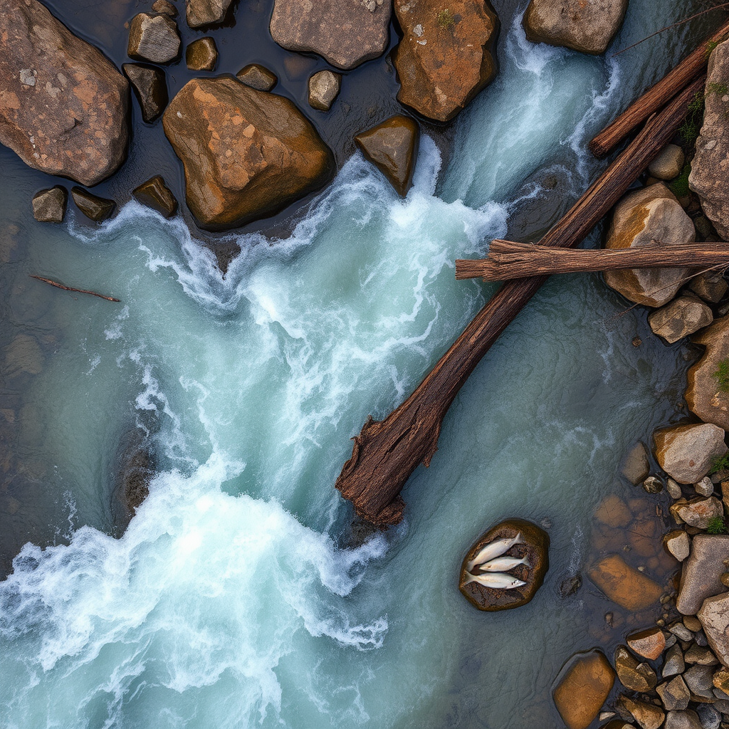 River current flowing around rocks and fallen logs creating eddies and calm pockets where fish gather, aerial view showing water flow patterns and structure