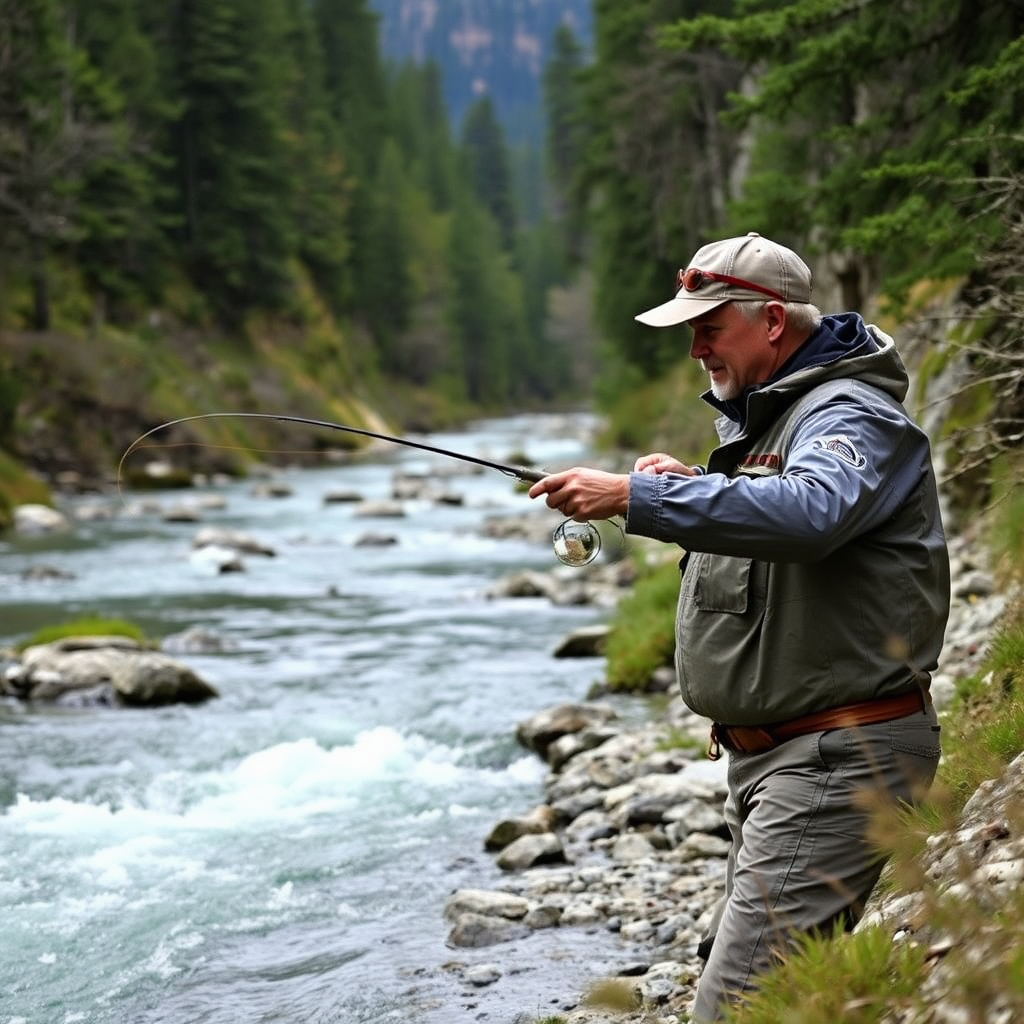 Fly fisherman demonstrating proper casting technique on a narrow mountain stream, showing the graceful arc of the fly line against a backdrop of dense forest and clear flowing water