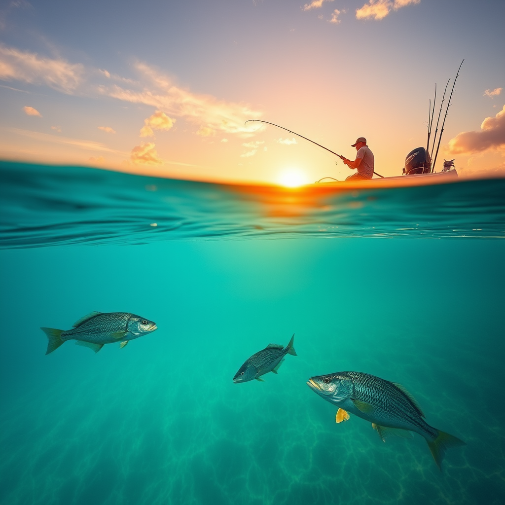 Summer fishing scene at golden hour with angler in boat near submerged structure, clear blue water showing thermocline layers and fish suspended at different depths