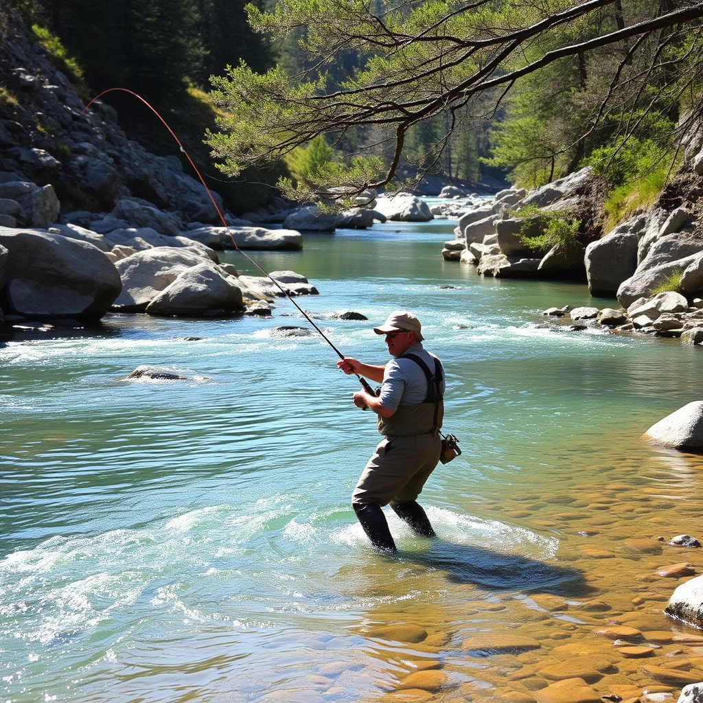 Fly fisherman in waders standing in a crystal clear mountain stream, gracefully casting a fly rod with the line creating elegant loops in the air, surrounded by rocky stream banks and overhanging trees