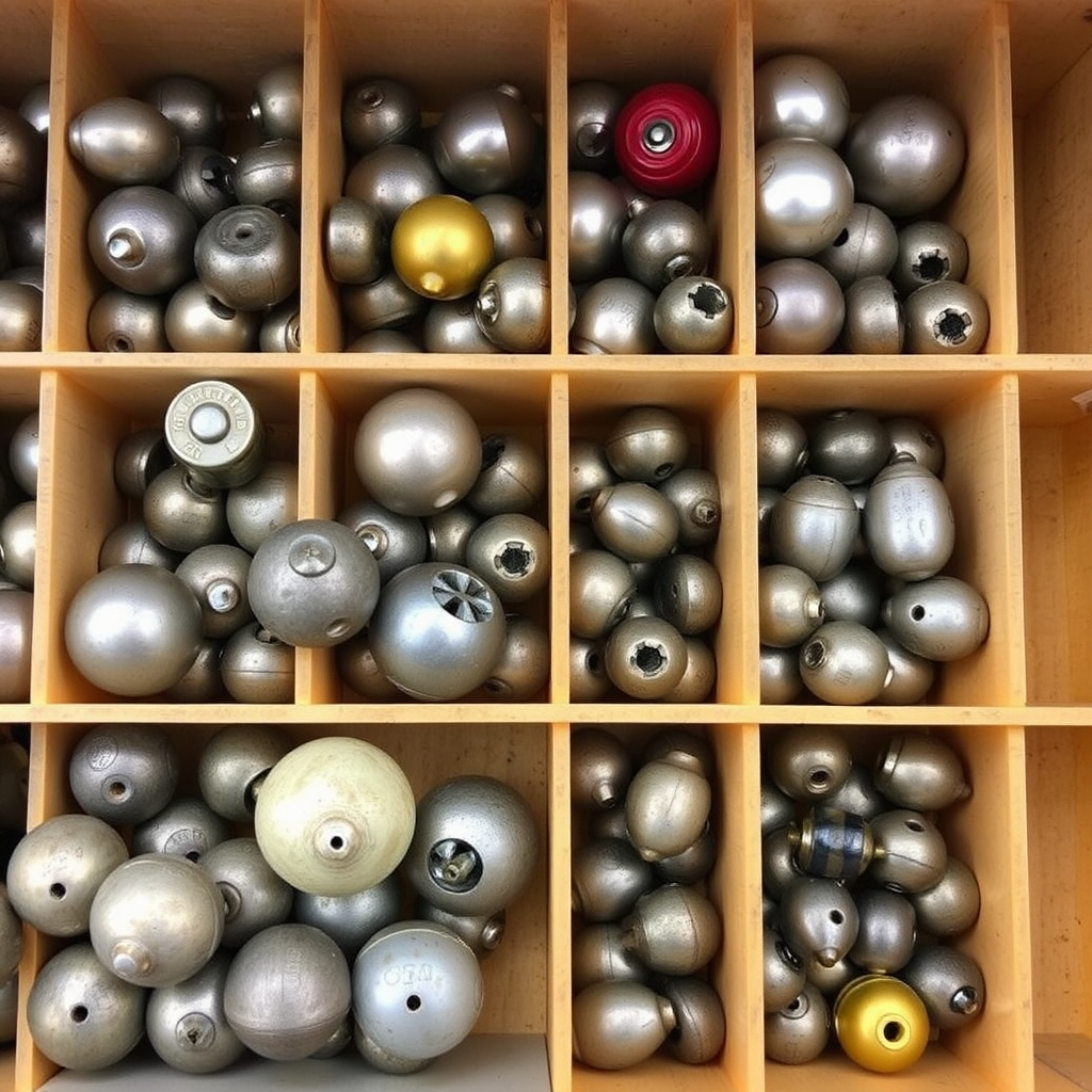 Collection of fishing weights and sinkers including bullet weights, egg sinkers, and split shot arranged in organized compartments of a tackle box