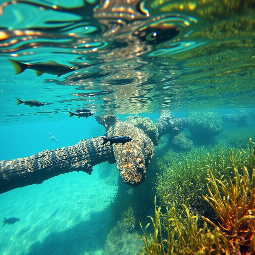 Underwater view showing submerged logs, rock formations, and weed beds with various fish species positioned around structure, clear water with dappled sunlight
