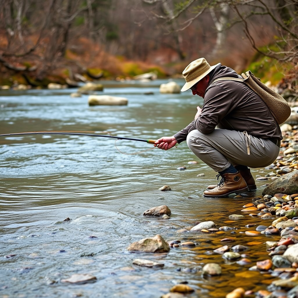 Fly fisherman crouched low while approaching a pristine stream pool, demonstrating proper stealth technique with rod held low and careful foot placement on rocky streambed