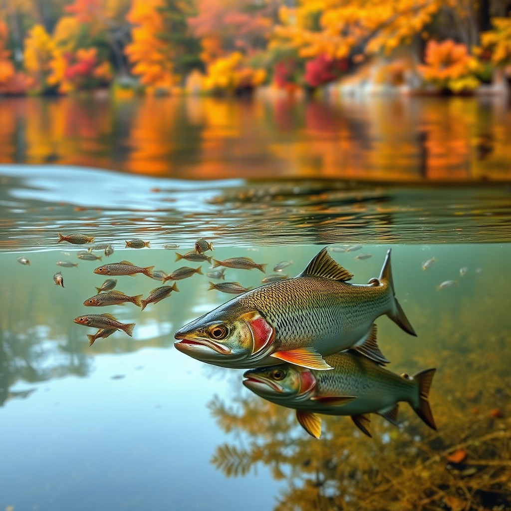 Autumn fishing scene with colorful fall foliage reflected in water, schools of baitfish visible near surface with predator fish feeding underneath