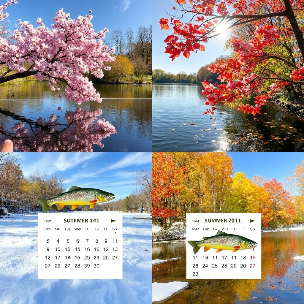Four-season collage showing the same fishing spot through spring cherry blossoms, summer sunshine, autumn foliage, and winter snow, with different fish species visible in each season and a calendar overlay