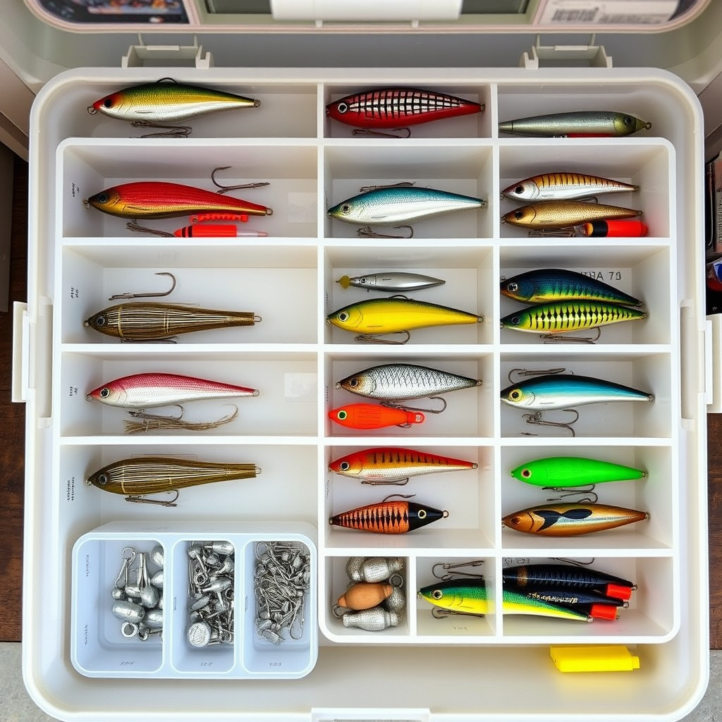Perfectly organized tackle box with labeled compartments showing systematic arrangement of lures by type and color, with small containers for hooks and weights, photographed from above with soft natural lighting