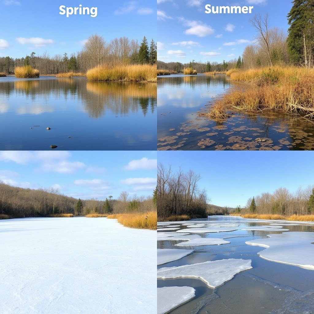 Four-panel seasonal comparison showing same fishing spot in spring, summer, fall, and winter with different water levels, vegetation, and ice conditions
