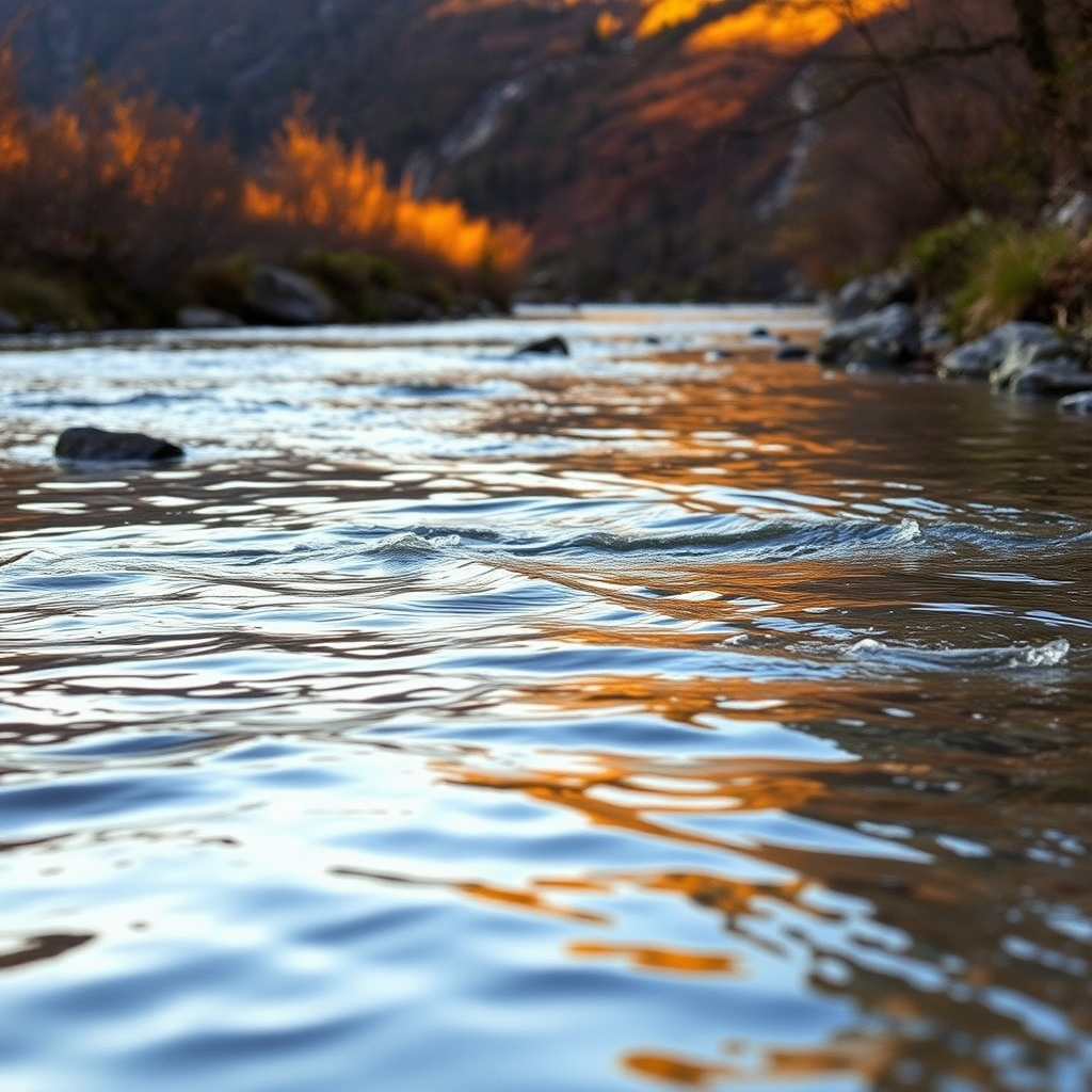 Peaceful evening scene on a mountain stream with gentle ripples reflecting golden sunset light, showing the serene beauty that draws fly fishermen to these pristine waters