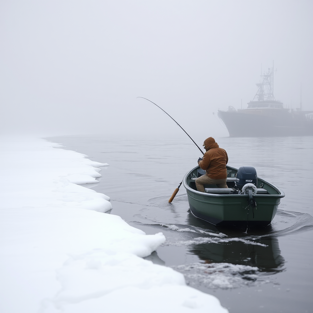 Winter fishing scene with ice-covered shoreline, angler in warm clothing fishing from boat in open water near deep structure, misty morning atmosphere